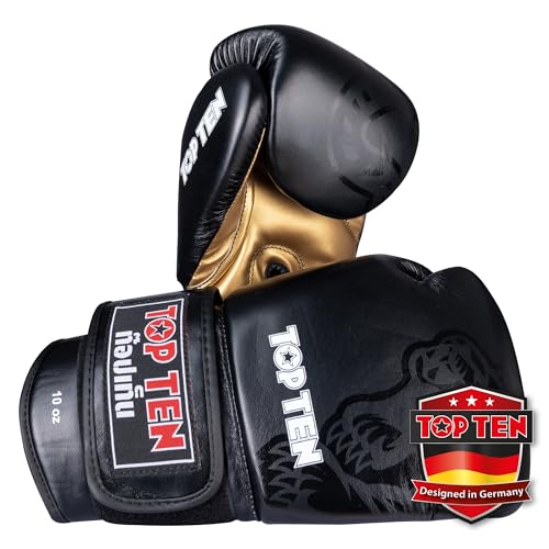 TOP TEN Muay Thai Sparringhandschuhe Ajarn - IFMA Offiziell Empfohlen - Premium Kunstleder Thaibox-Handschuh mit Innenhand-Padding - Spezielles Design für Clinch & Kick-Abwehr - 10oz, 12oz, 14oz, 16oz