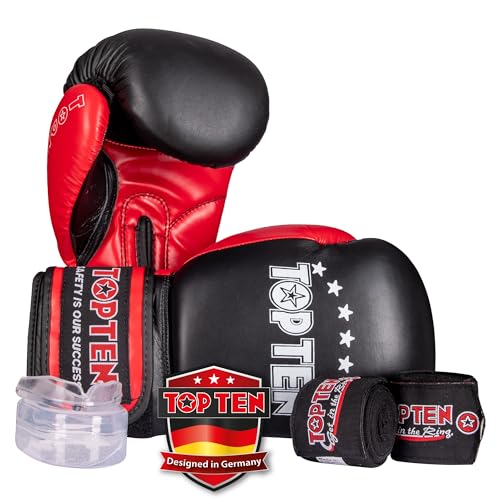 TOP TEN Boxen Starter Kit für Anfänger – Boxhandschuhe Männer & Frauen inkl. Boxbandagen & Zahnschutz – Hochwertige Box Handschuhe für Training & Sparring – Boxen Sport Set in 10oz, 12oz, 14oz & 16oz