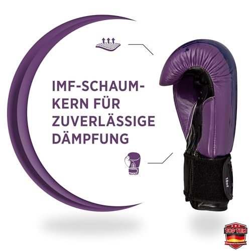 TOP TEN Boxhandschuhe Power Ink – Hybrid Echtleder & Kunstleder – Ideal für Fitnessboxen, Kickboxen, Leichtkontakt – Pro-Sicherheit mit IMF-Schaumkern, 10oz, 12oz, 14oz, 16 oz