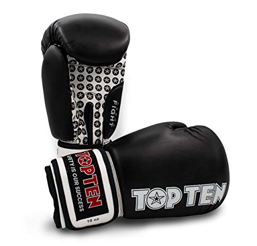 TOP Ten Boxhandschuhe Fight - 10 12 16 Oz - schwarz rot blau grün orange Kickboxen UVM. schwarz/weiß 10 Oz