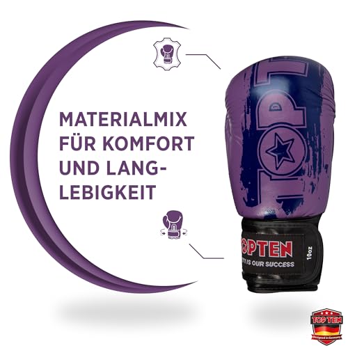 TOP TEN Boxhandschuhe Power Ink – Hybrid Echtleder & Kunstleder – Ideal für Fitnessboxen, Kickboxen, Leichtkontakt – Pro-Sicherheit mit IMF-Schaumkern, 10oz, 12oz, 14oz, 16 oz