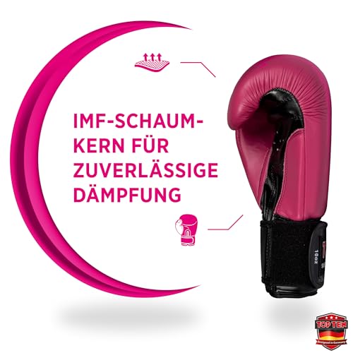 TOP TEN Boxhandschuhe Power Ink – Hybrid Echtleder & Kunstleder – Ideal für Fitnessboxen, Kickboxen, Leichtkontakt – Pro-Sicherheit mit IMF-Schaumkern, 10oz, 12oz, 14oz, 16 oz