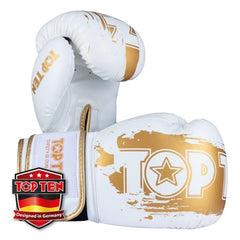 TOP TEN Boxhandschuhe Power Ink Golden Star – Kickbox- & Boxhandschuhe mit Arch-Daumenschutz – Hochwertiger Formschaum für Sparring & Training – Kunstleder, Weiss – Gold, Gold - Schwarz (10oz - 16oz)