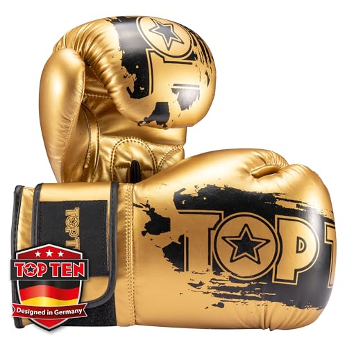 TOP TEN Boxhandschuhe Power Ink Golden Star – Kickbox- & Boxhandschuhe mit Arch-Daumenschutz – Hochwertiger Formschaum für Sparring & Training – Kunstleder, Weiss – Gold, Gold - Schwarz (10oz - 16oz)