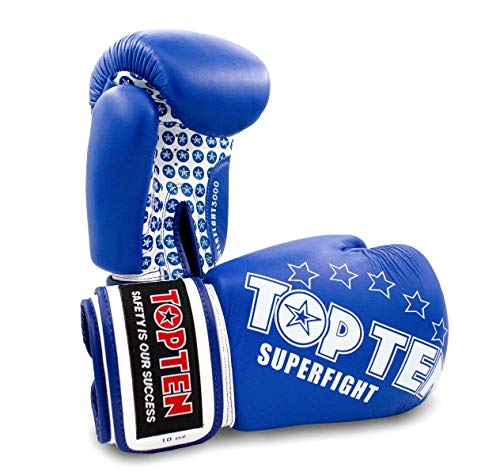 TOP Ten Boxhandschuhe SUPERFIGHT 3000" 10 12 14 16 Oz - Kickboxen Boxen Leder blau/weiß 10 Oz