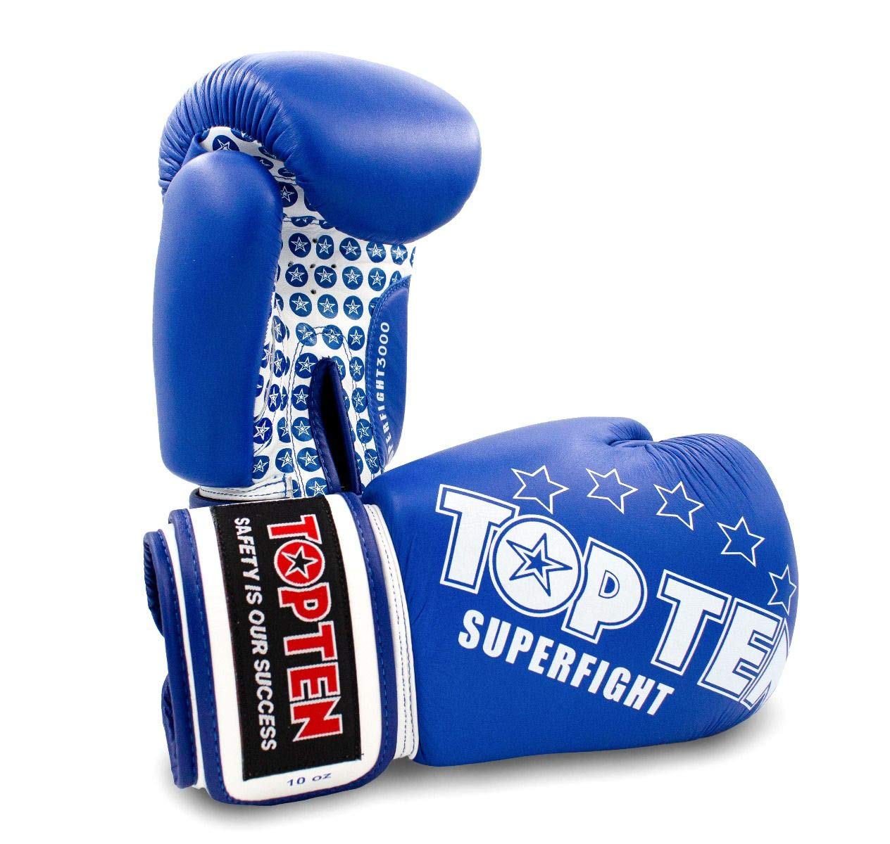 TOP Ten Boxhandschuhe SUPERFIGHT 3000" 10 12 14 16 Oz - Kickboxen Boxen Leder blau/weiß 10 Oz