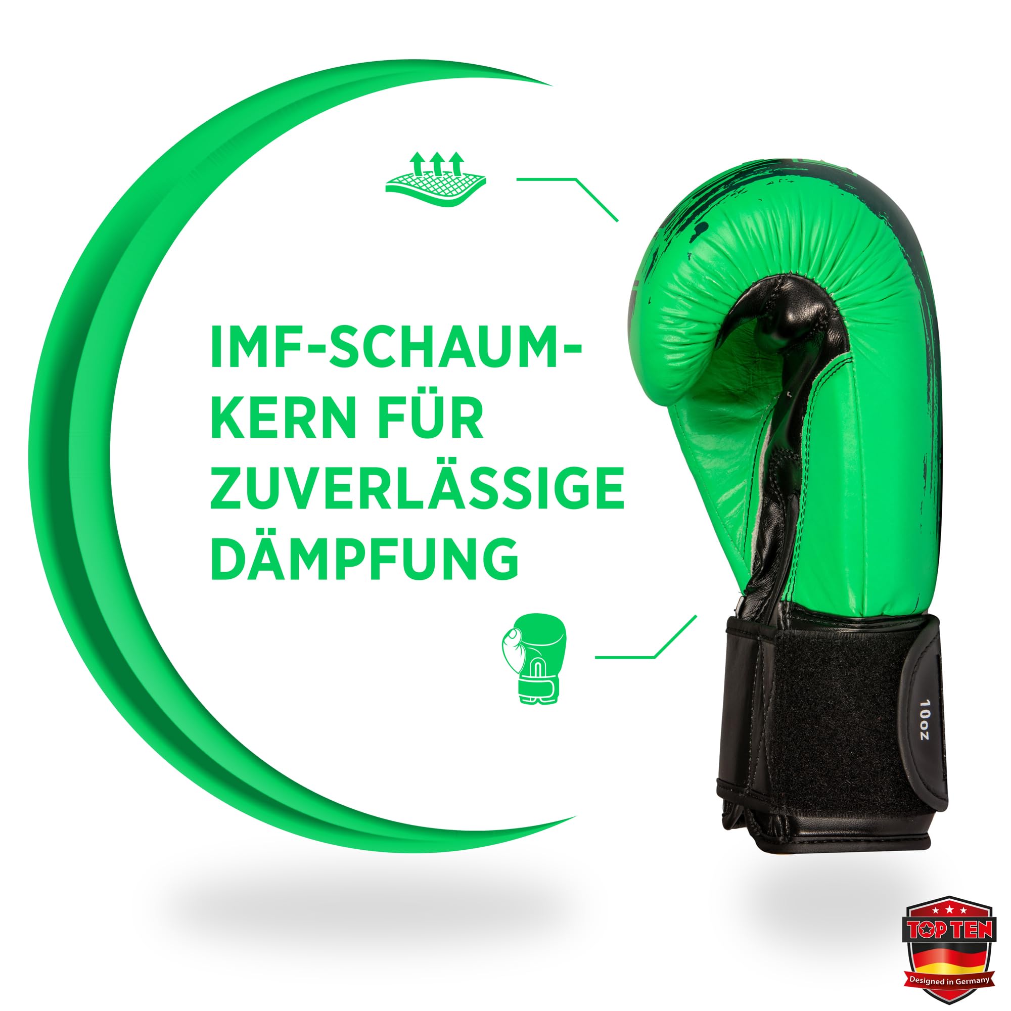 TOP TEN Boxhandschuhe Power Ink – Hybrid Echtleder & Kunstleder – Ideal für Fitnessboxen, Kickboxen, Leichtkontakt – Pro-Sicherheit mit IMF-Schaumkern, 10oz, 12oz, 14oz, 16 oz