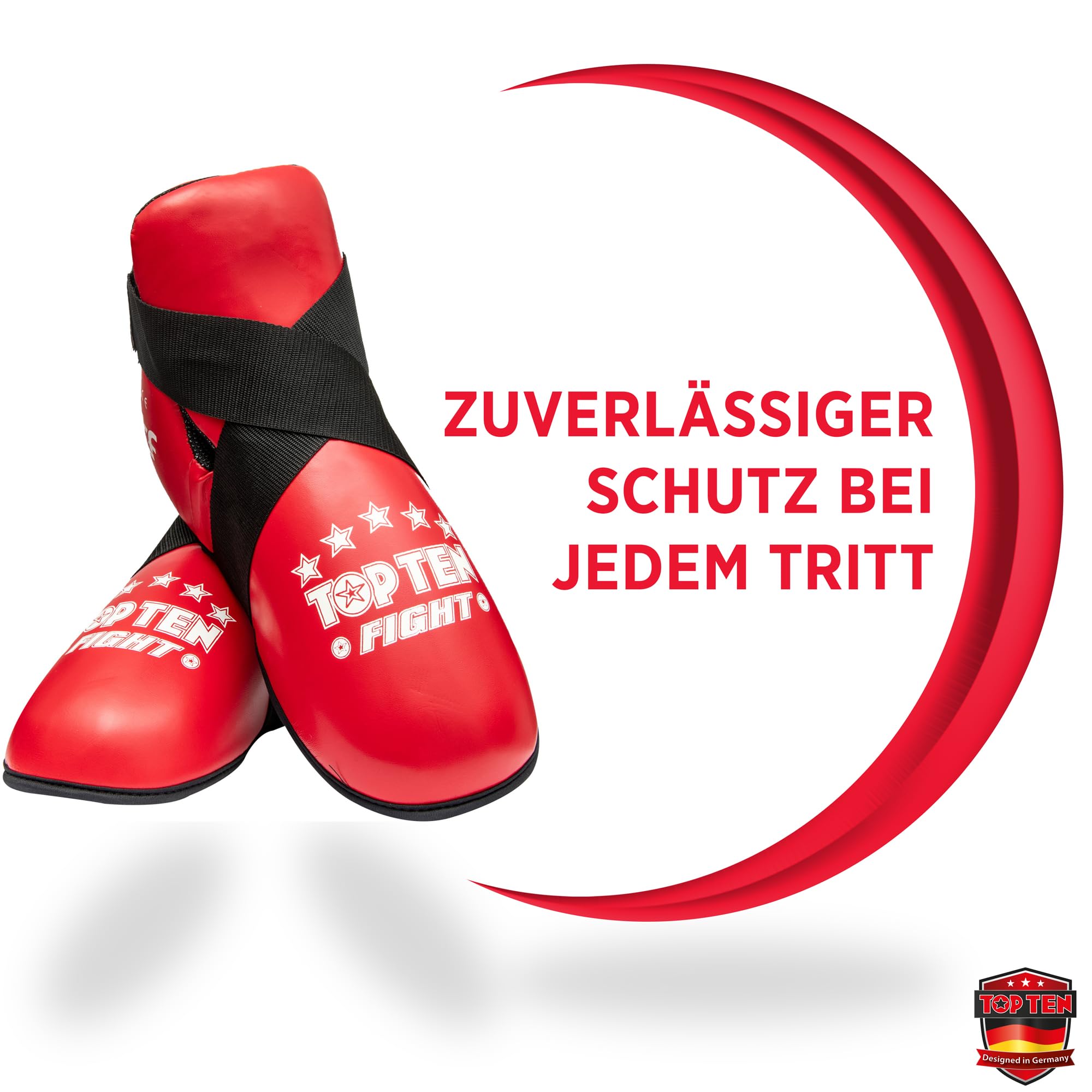 TOP TEN Fußschutz Kickboxen „Fight“ – Professioneller Fußprotektor für Kickboxen, Taekwon-Do & Kampfsport – WAKO & ITF Zertifiziert – Ultraleicht mit PPS-Schaumstoffpolsterung