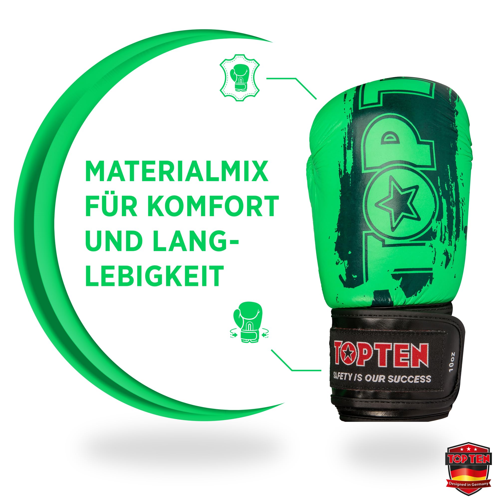 TOP TEN Boxhandschuhe Power Ink – Hybrid Echtleder & Kunstleder – Ideal für Fitnessboxen, Kickboxen, Leichtkontakt – Pro-Sicherheit mit IMF-Schaumkern, 10oz, 12oz, 14oz, 16 oz
