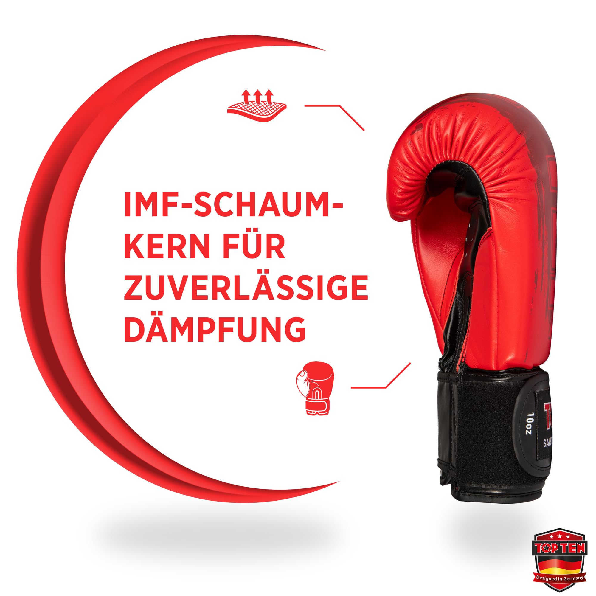 TOP TEN Boxhandschuhe Power Ink – Hybrid Echtleder & Kunstleder – Ideal für Fitnessboxen, Kickboxen, Leichtkontakt – Pro-Sicherheit mit IMF-Schaumkern, 10oz, 12oz, 14oz, 16 oz