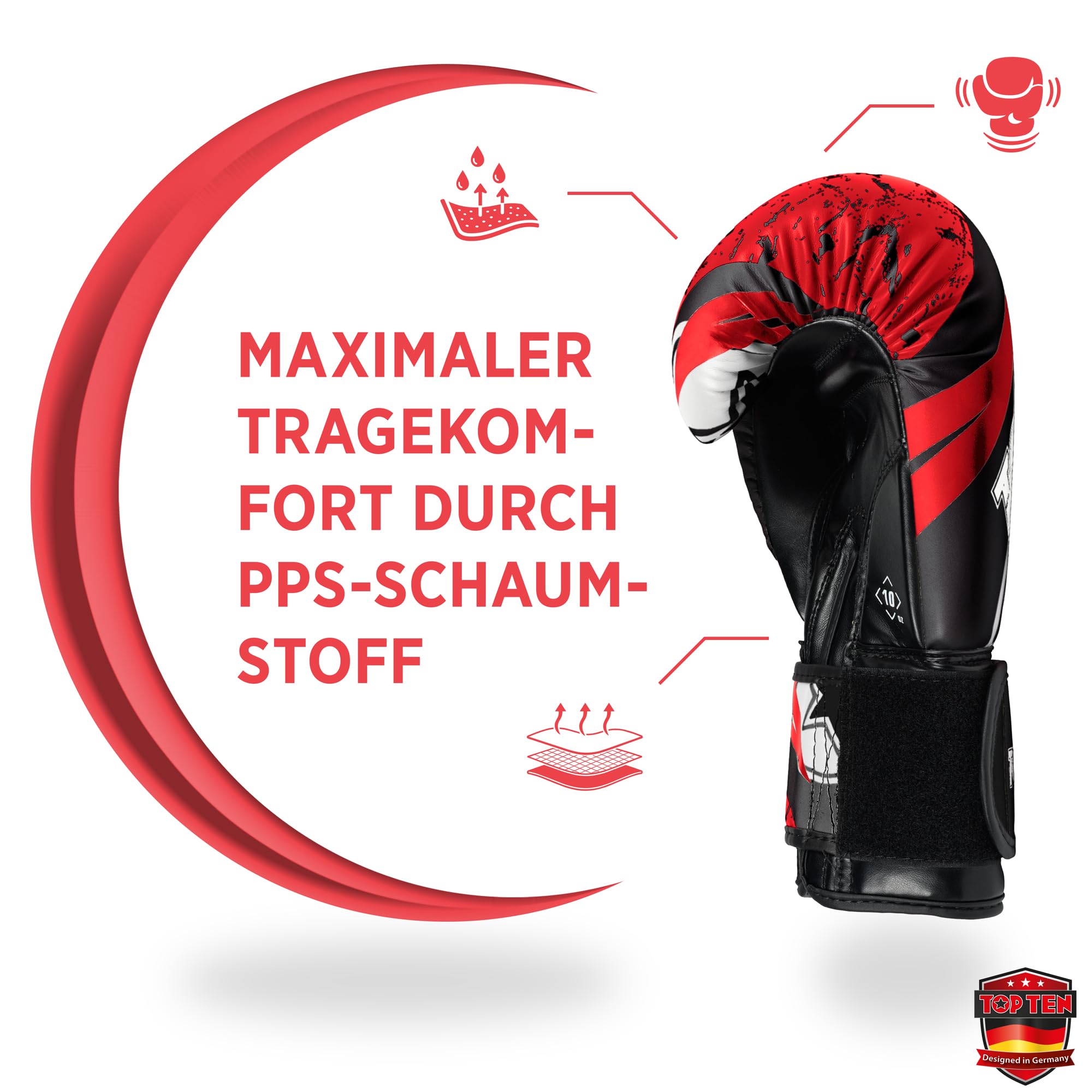 TOP TEN Boxhandschuhe Männer & Frauen Urban Arts – Professionelle Kickbox Handschuhe Herren mit Ergonomischem PPS-Schaumstoff, Stabiler Klettverschluss & Daumenfixierung - 10oz, 12oz, 14oz, 16oz