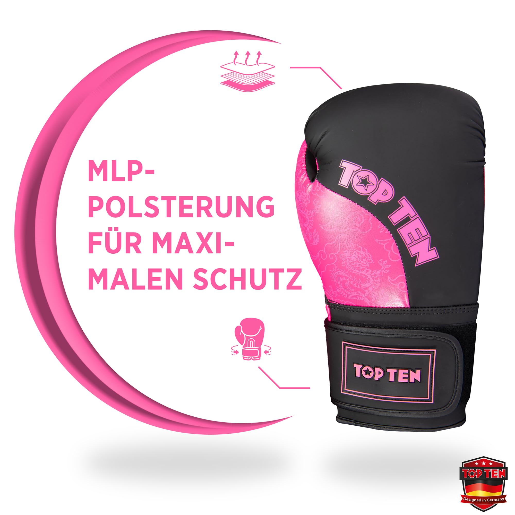 TOP TEN Boxhandschuhe Männer & Frauen Dragon – Hochwertige Box-Handschuhe für Training & Sparring, MLP-Mehrschichtpolsterung & Daumenschutz, strapazierfähiges Kunstleder, 10oz, 12oz, 14oz, 16 oz