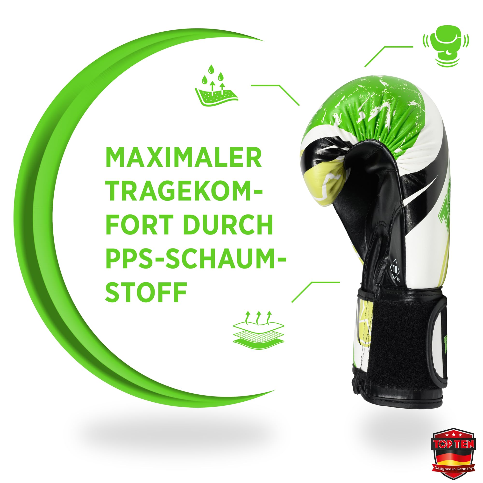 TOP TEN Boxhandschuhe Männer & Frauen Urban Arts – Professionelle Kickbox Handschuhe Herren mit Ergonomischem PPS-Schaumstoff, Stabiler Klettverschluss & Daumenfixierung - 10oz, 12oz, 14oz, 16oz
