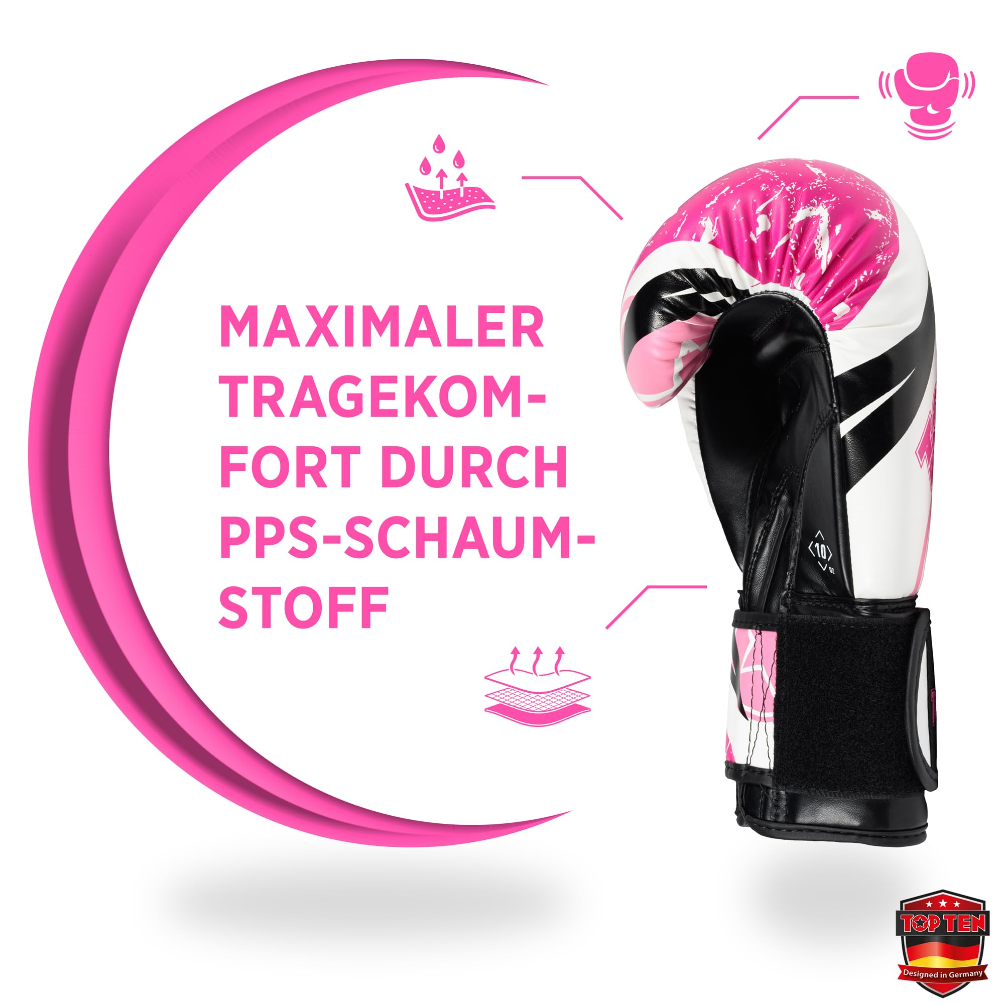 TOP TEN Boxhandschuhe Männer & Frauen Urban Arts – Professionelle Kickbox Handschuhe Herren mit Ergonomischem PPS-Schaumstoff, Stabiler Klettverschluss & Daumenfixierung - 10oz, 12oz, 14oz, 16oz