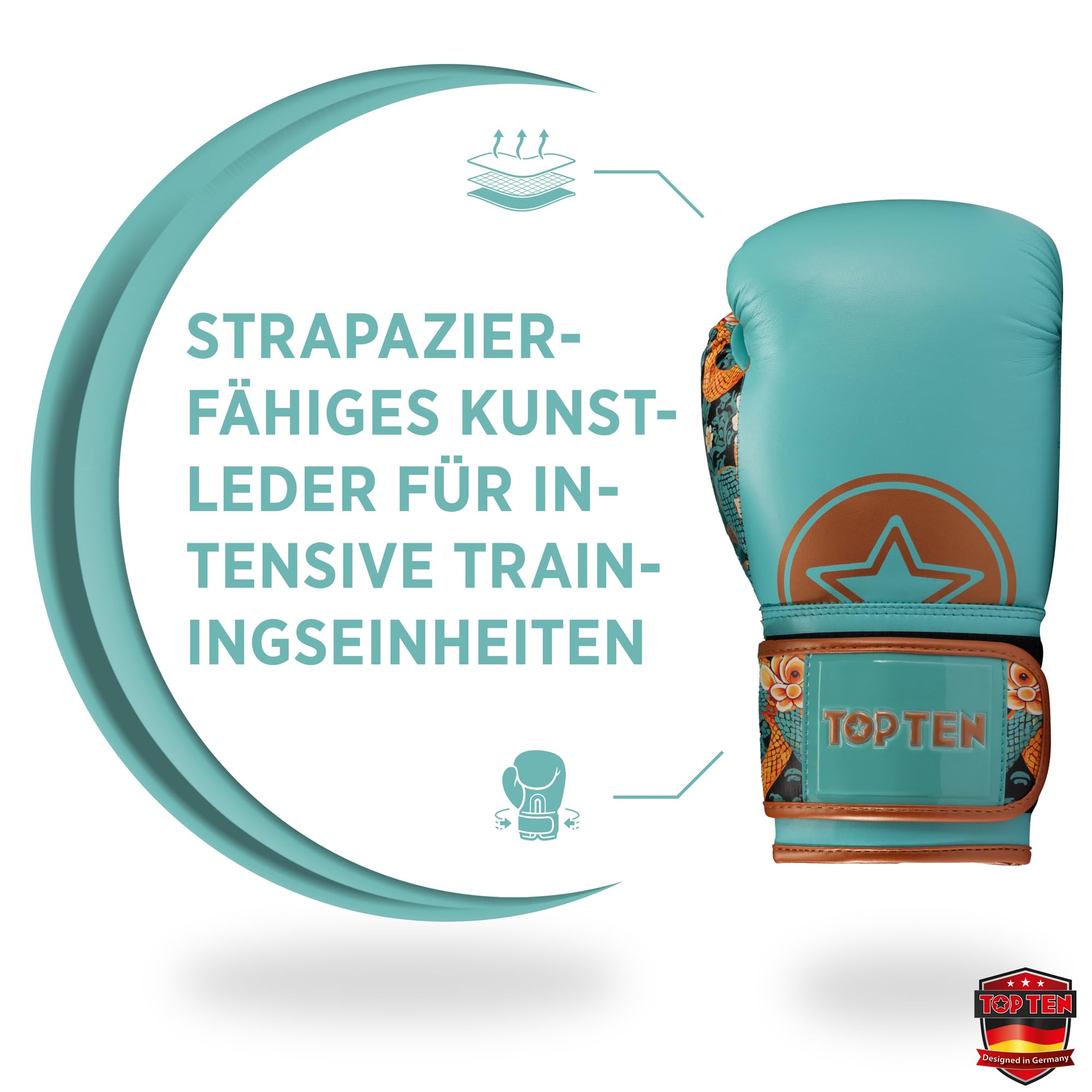 TOP TEN Boxhandschuhe Ryu del Mar – Professionelle Box Handschuhe Herren & Damen – Ergonomische Kampfhandschuhe für Training, Kickboxen & Boxing – Boxing Gloves - 10oz, 12oz, 14oz, 16oz