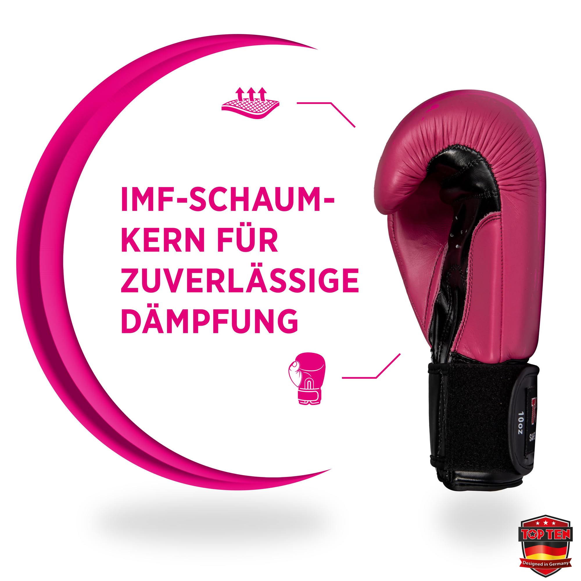 TOP TEN Boxhandschuhe Power Ink – Hybrid Echtleder & Kunstleder – Ideal für Fitnessboxen, Kickboxen, Leichtkontakt – Pro-Sicherheit mit IMF-Schaumkern, 10oz, 12oz, 14oz, 16 oz
