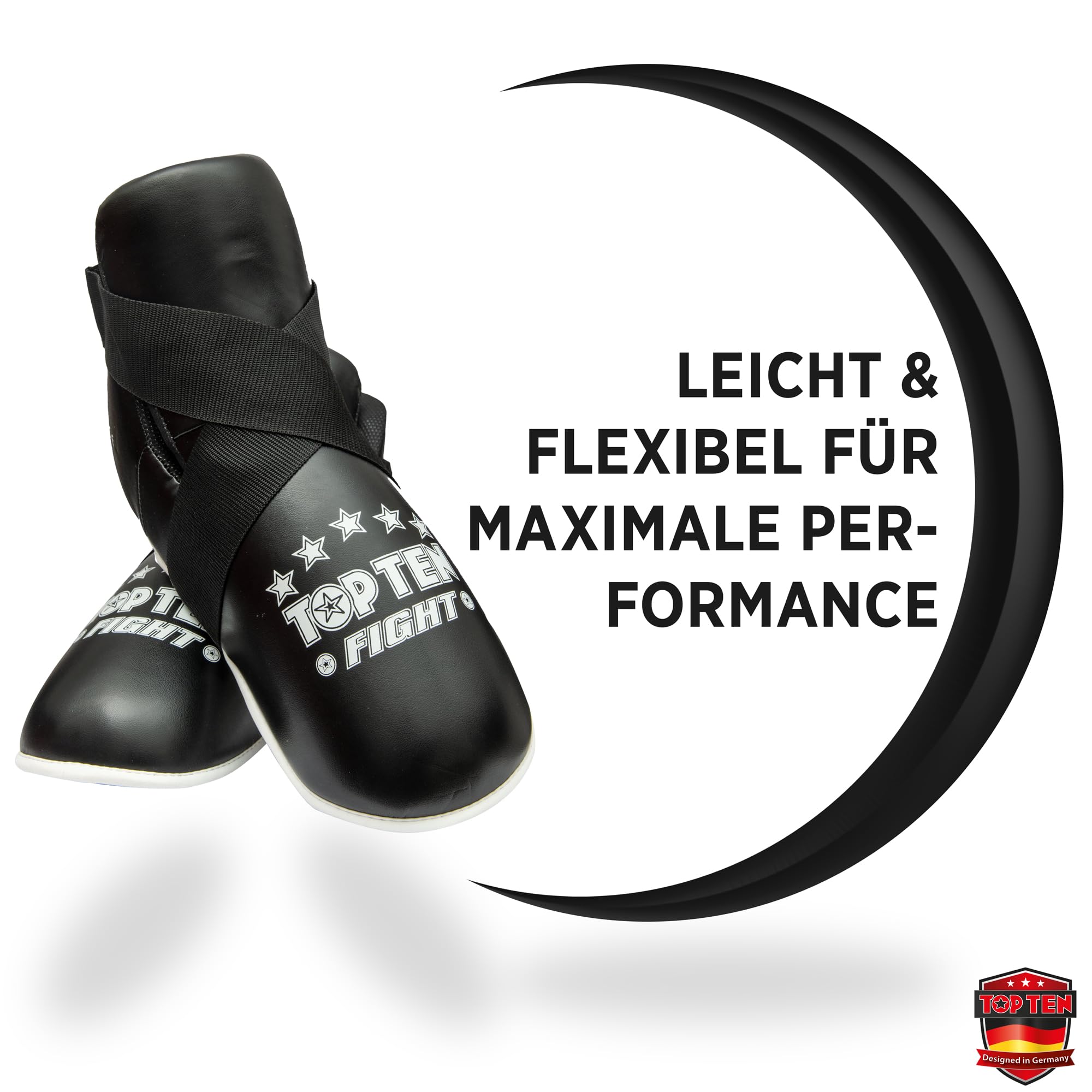 TOP TEN Fußschutz Kickboxen „Fight“ – Professioneller Fußprotektor für Kickboxen, Taekwon-Do & Kampfsport – WAKO & ITF Zertifiziert – Ultraleicht mit PPS-Schaumstoffpolsterung