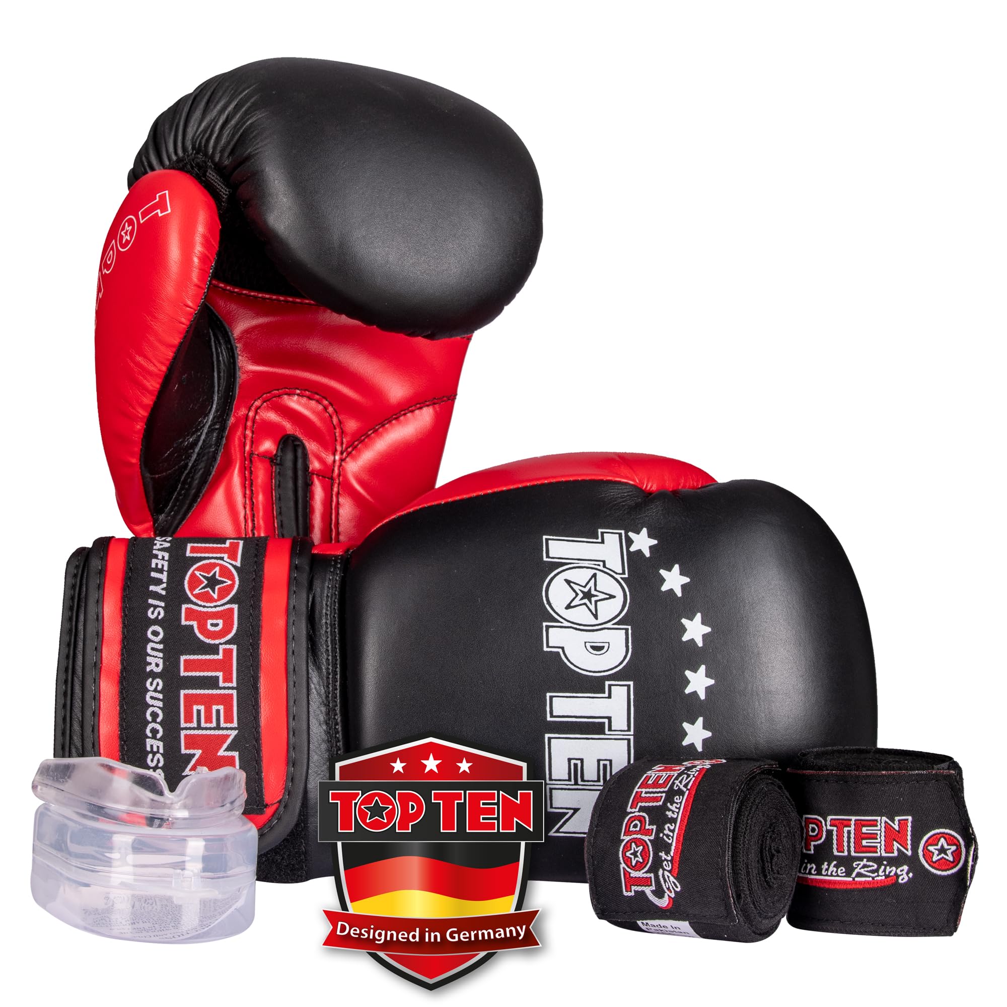TOP TEN Boxen Starter Kit für Anfänger – Boxhandschuhe Männer & Frauen inkl. Boxbandagen & Zahnschutz – Hochwertige Box Handschuhe für Training & Sparring – Boxen Sport Set in 10oz, 12oz, 14oz & 16oz
