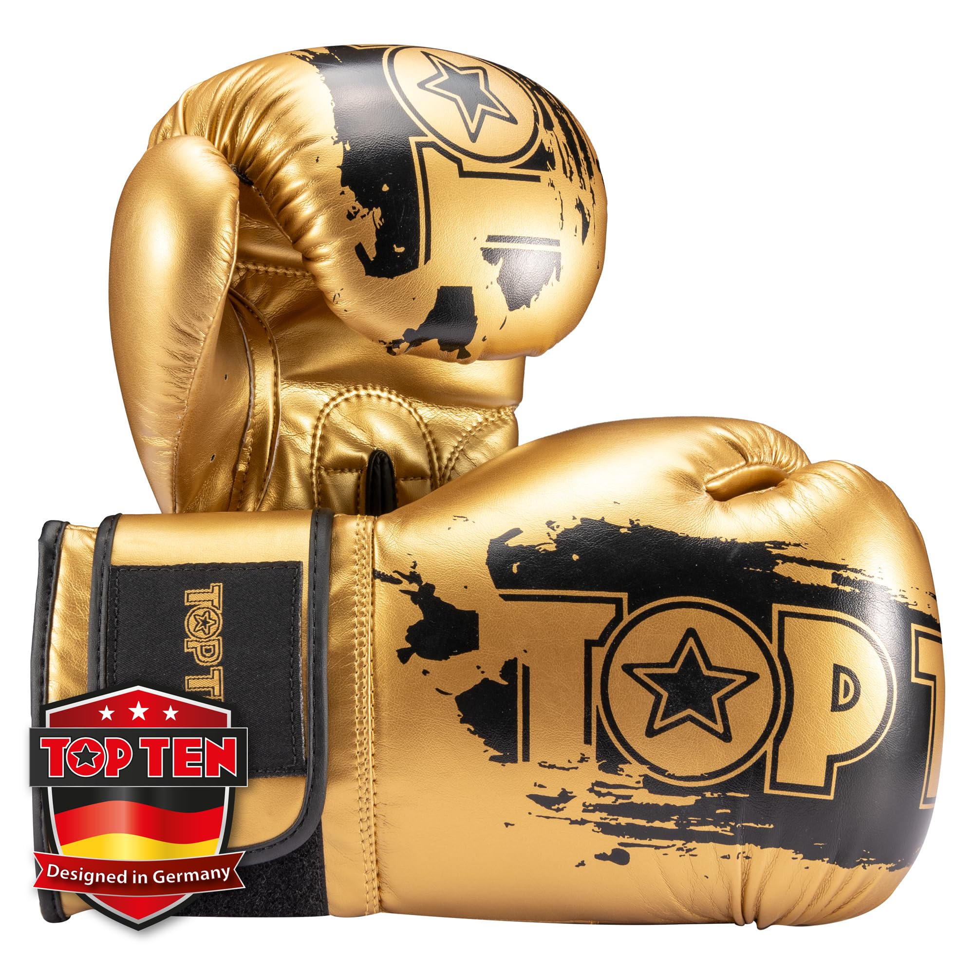 TOP TEN Boxhandschuhe Power Ink Golden Star – Kickbox- & Boxhandschuhe mit Arch-Daumenschutz – Hochwertiger Formschaum für Sparring & Training – Kunstleder, Weiss – Gold, Gold - Schwarz (10oz - 16oz)