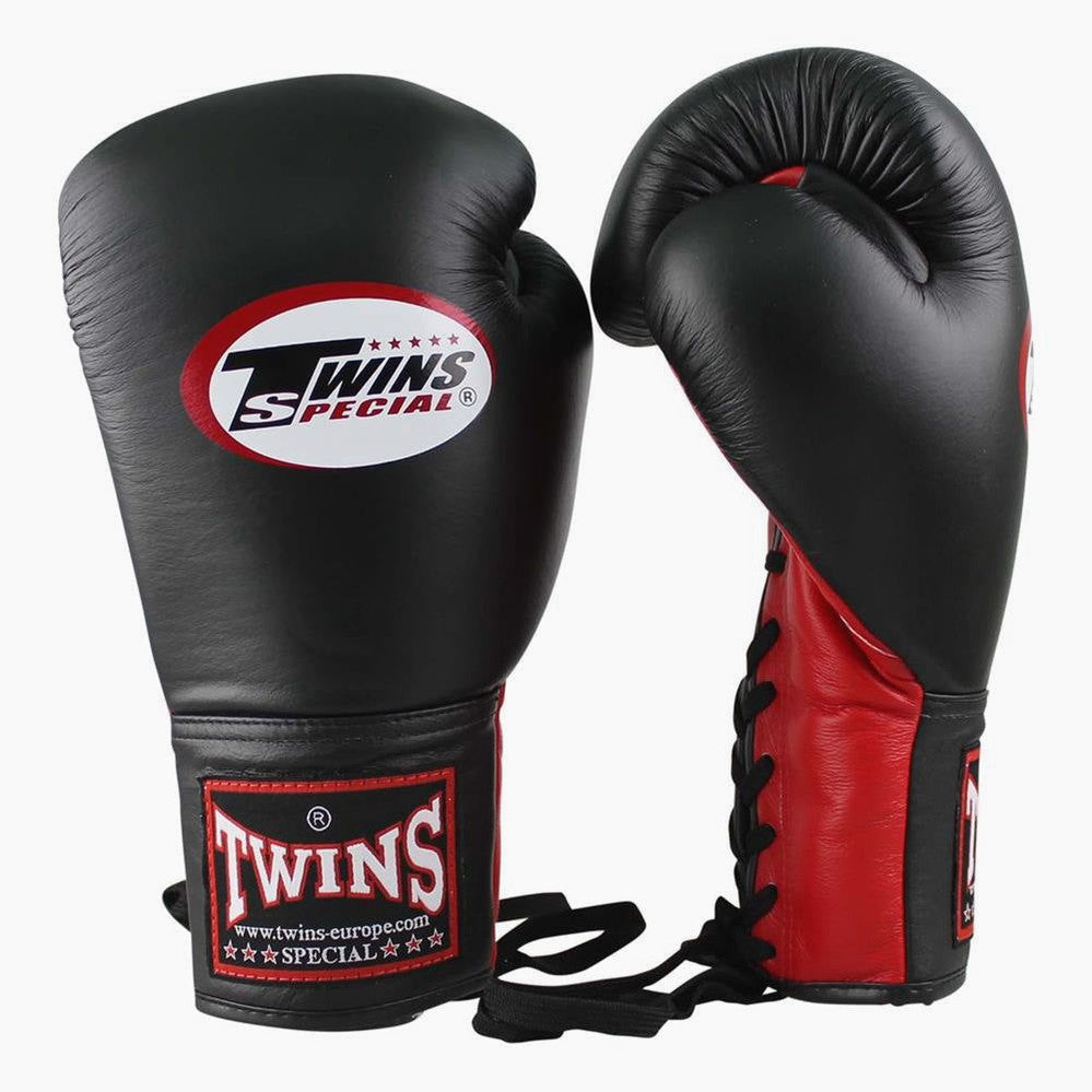 Twins Special Muay-Thai-Handschuhe BGLL-1 Schwarz-Rot mit Schnürsenkeln